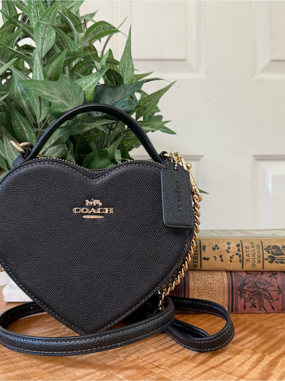 COACH Heart Crossbody Bag in Black Crossgrain Leather with Gold Hardware CE652